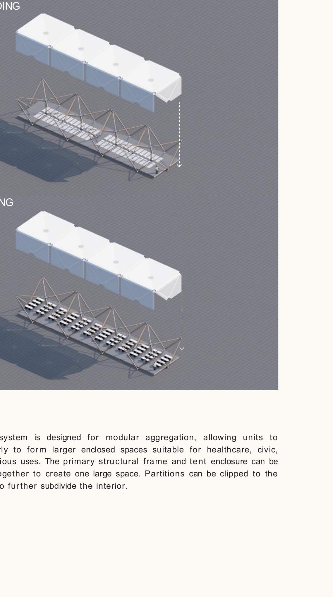 Renderings of aggregated Estia modules forming a hospital building and a school building