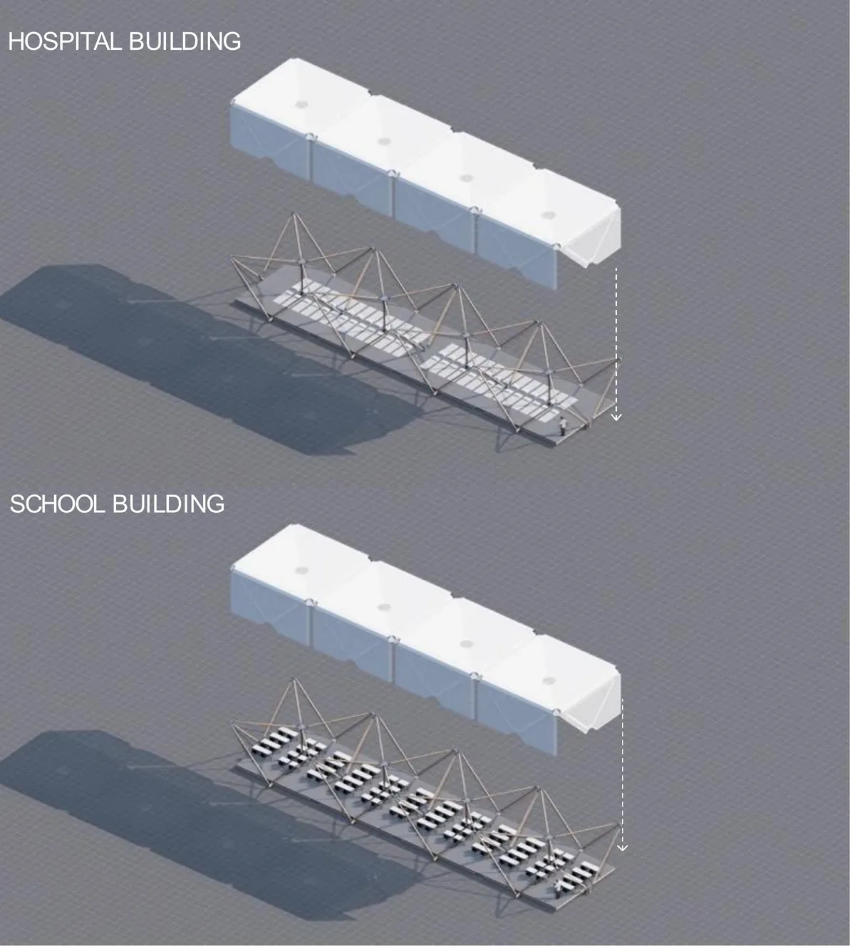 Estia Homes modules aggregated into larger civic buildings, a hospital building and a school building