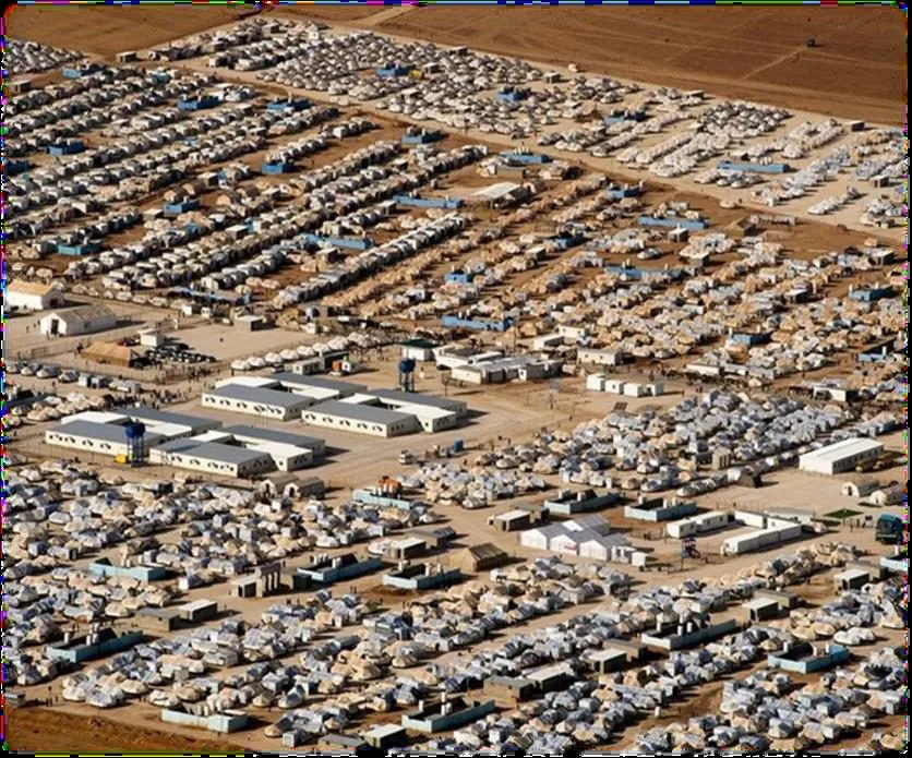 Aerial view of a dense refugee camp of temporary tents stretching to the horizon