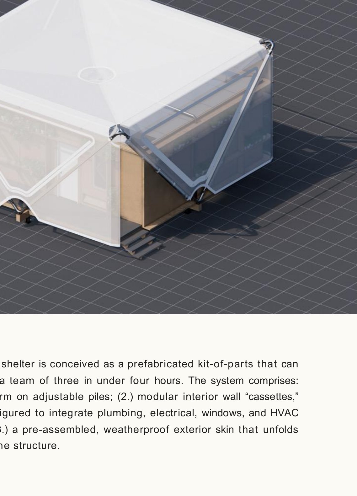 Rendered cutaway of the Estia double-skin shelter designed by CAL Collaborative