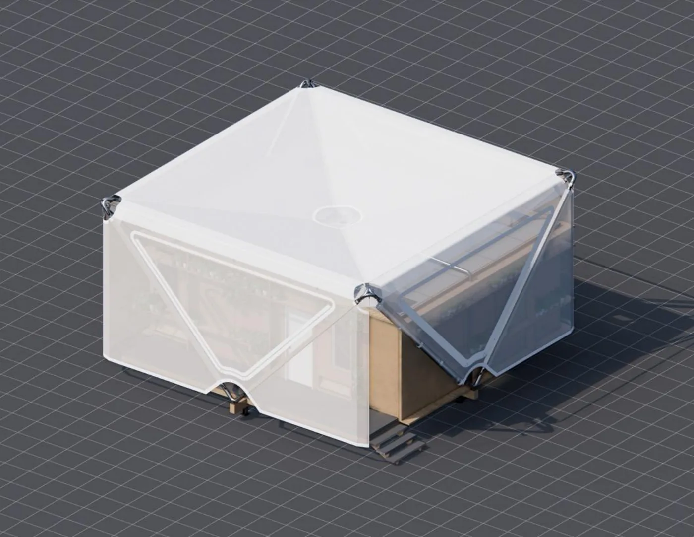 Rendered cutaway of the Estia Homes shelter designed by G&A Partners and CAL Collaborative