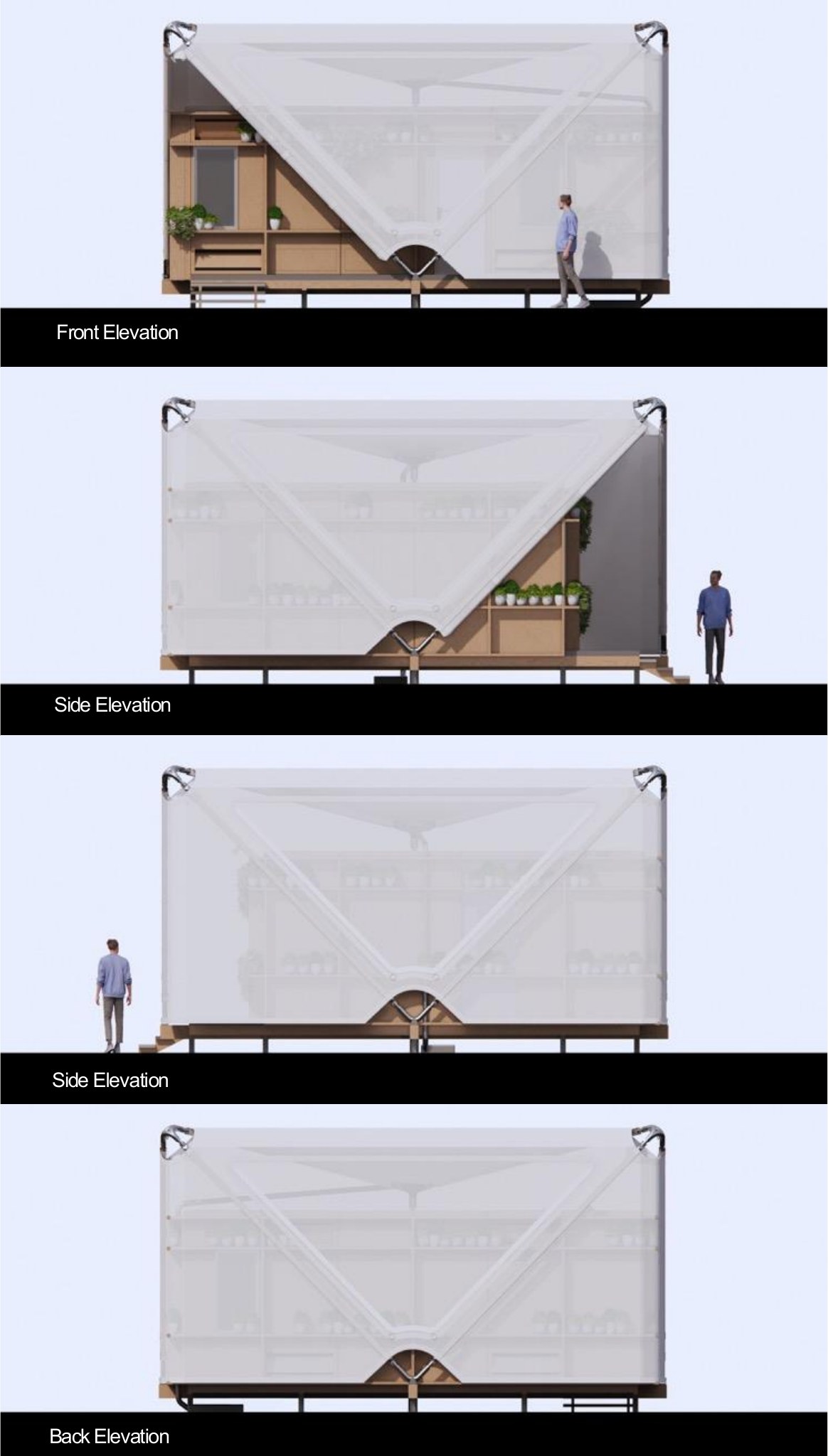 Front, side, side, and back elevations of an assembled Estia Home
