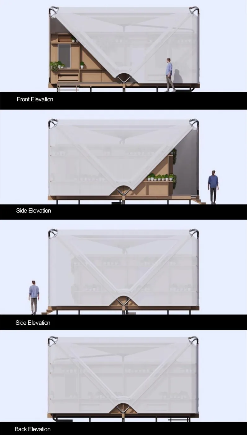 Front, side, side, and back elevations of an assembled Estia Home