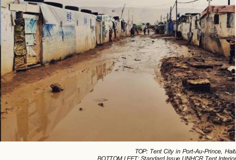 A flooded, muddy street between tents in a Syrian refugee camp after snowmelt