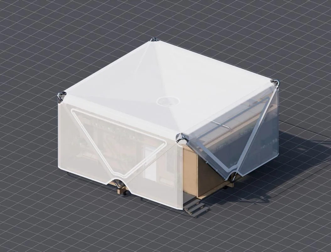 Isometric view of a single Estia Home, the weatherproof outer shell lifted above the panelized, insulated interior