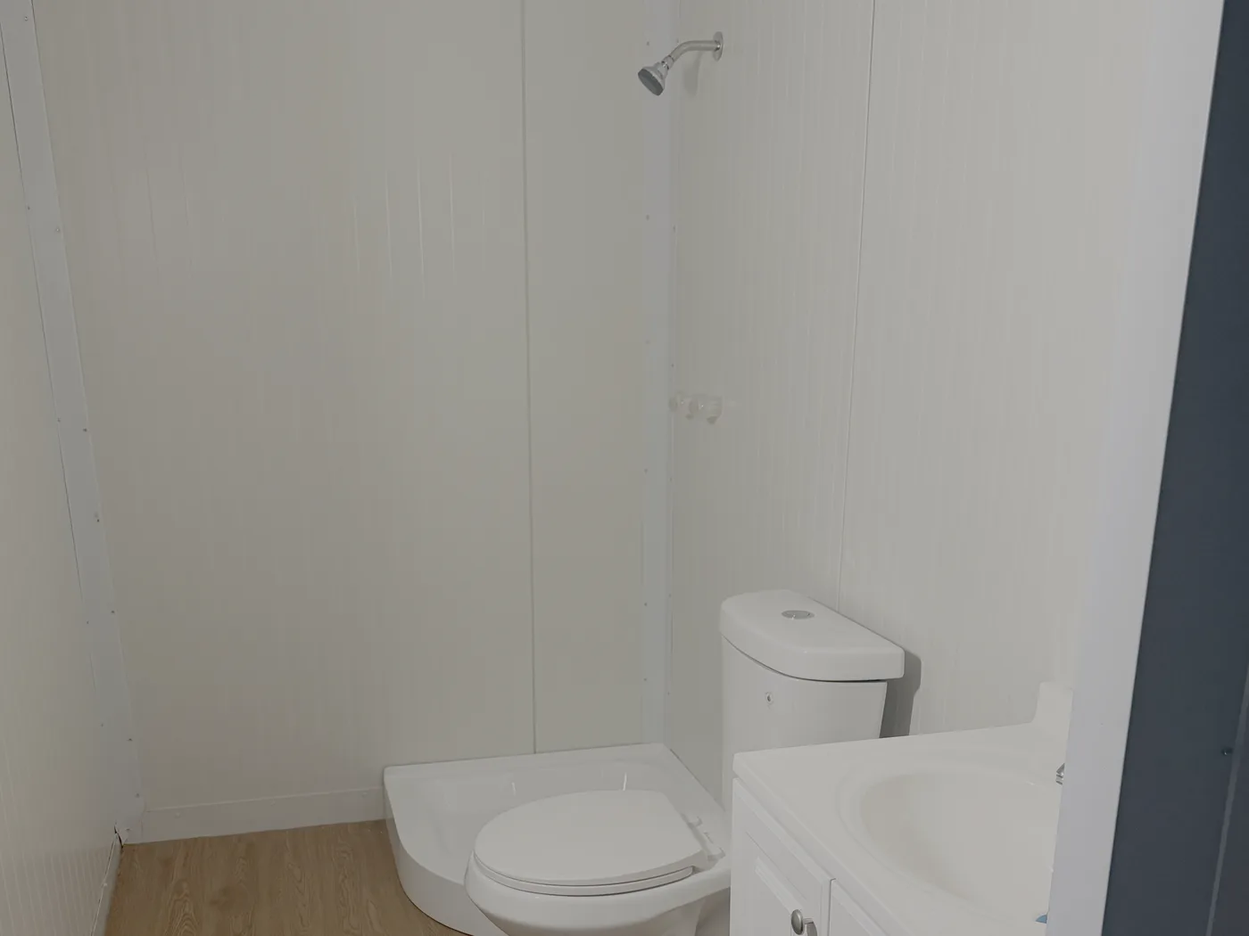 A private bathroom inside an Estia Home, with a shower head and valve above a moulded shower pan, a toilet, and a vanity with a basin
