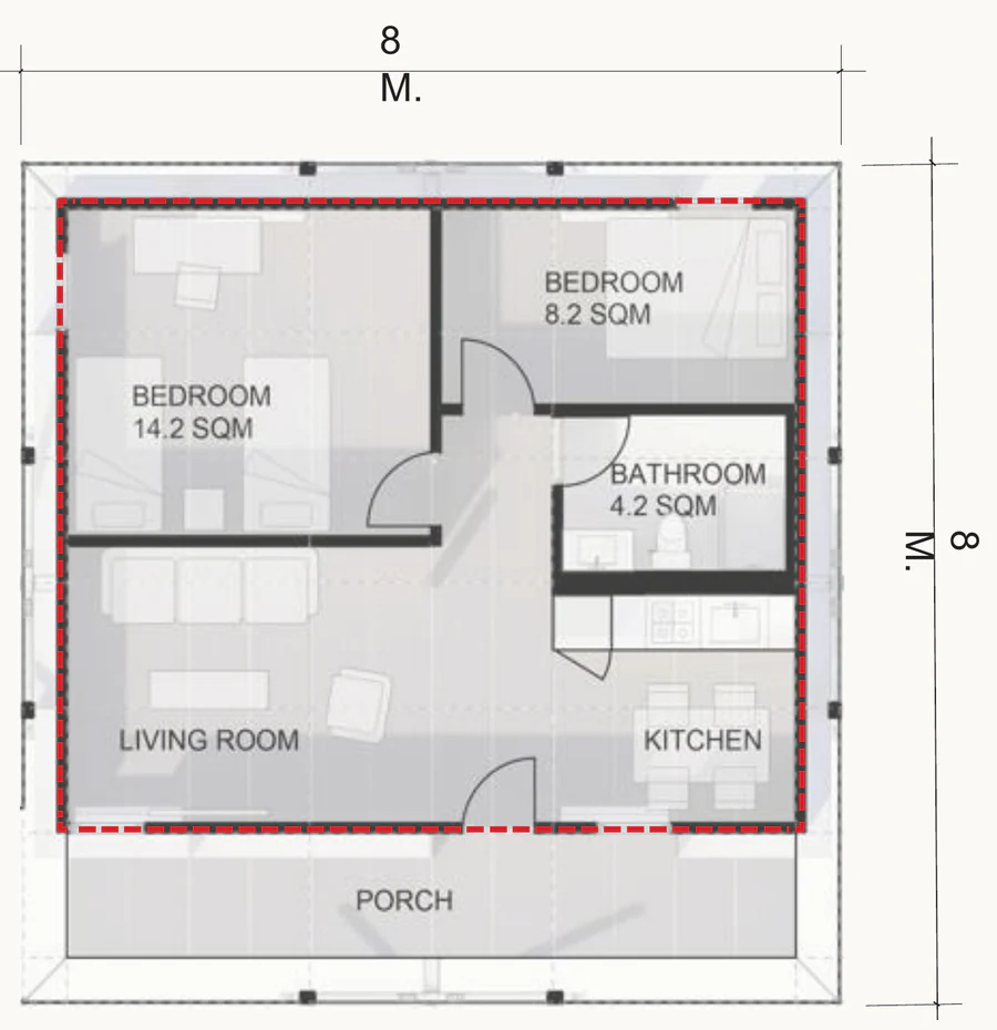 Level 1 Estia Home, configuration 1: floor plan of an 8 by 8 metre unit with a 14.2 square metre bedroom, an 8.2 square metre bedroom, a 4.2 square metre bathroom, kitchen, living room, and a covered porch across the front