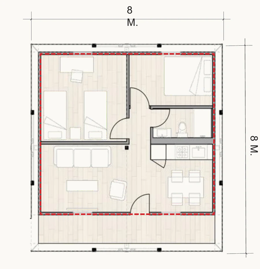 Level 1 Estia Home, configuration 2: floor plan of an 8 by 8 metre unit with two sleeping areas, a bathroom and kitchen along one side, open living and dining, and a covered porch