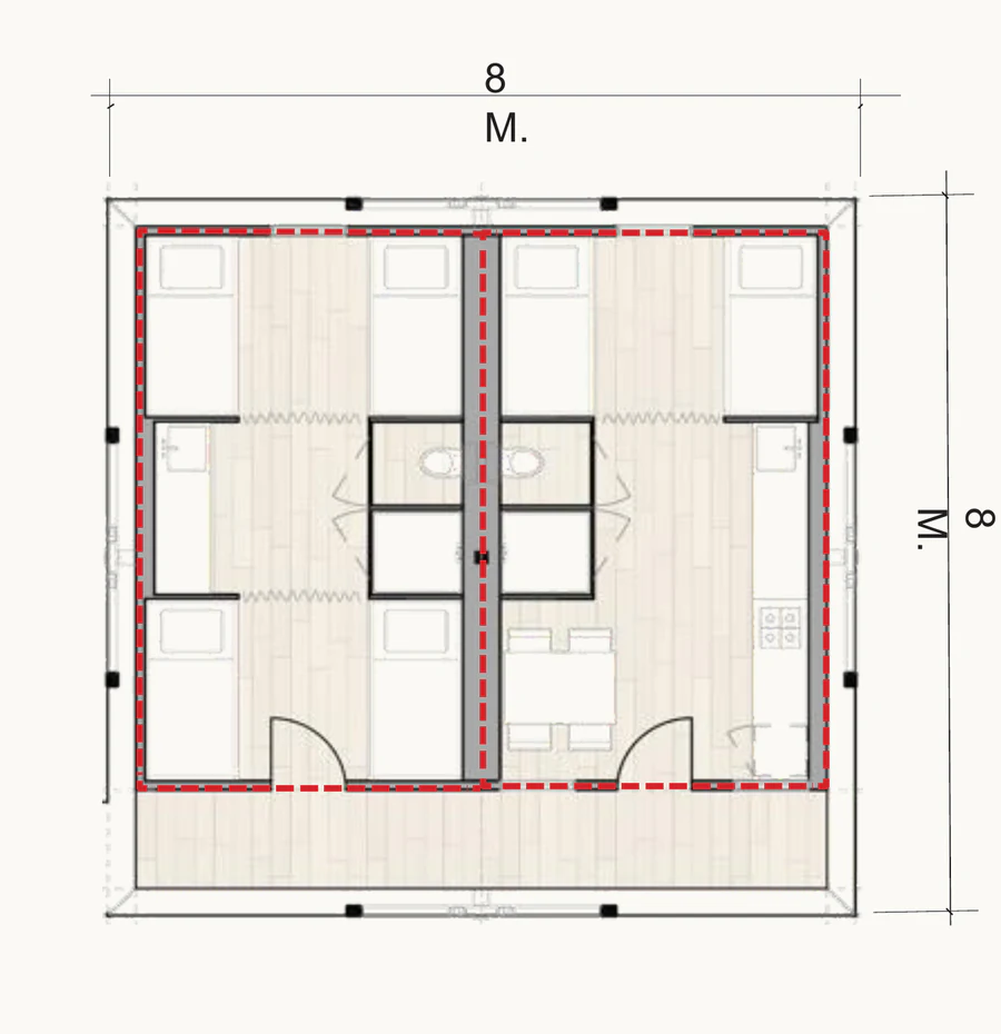 Level 1 Estia Home, configuration 3: floor plan of an 8 by 8 metre unit split down the centre into two mirrored dwellings, each with sleeping areas, a bathroom, and its own entrance